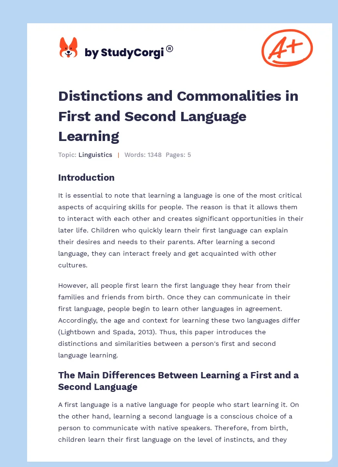 Distinctions and Commonalities in First and Second Language Learning. Page 1