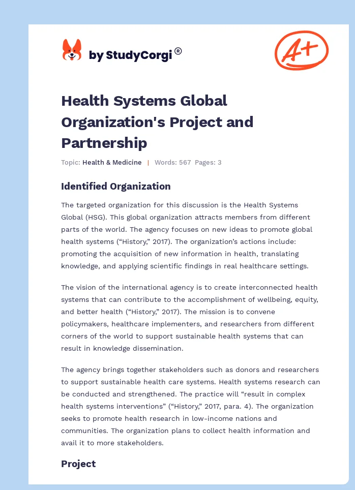 Health Systems Global Organization's Project and Partnership. Page 1