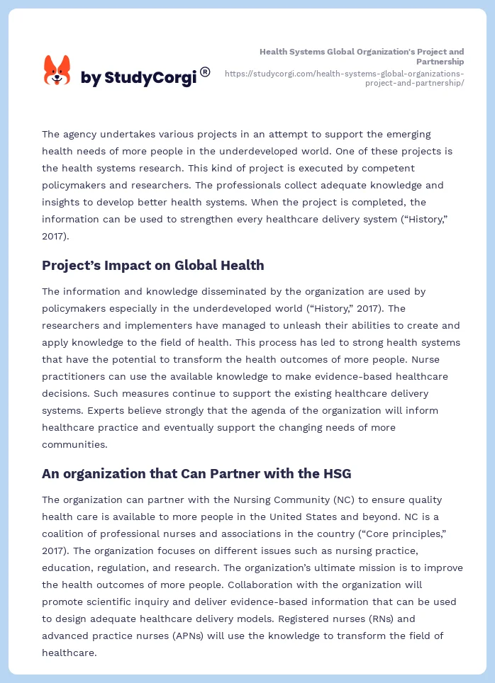 Health Systems Global Organization's Project and Partnership. Page 2