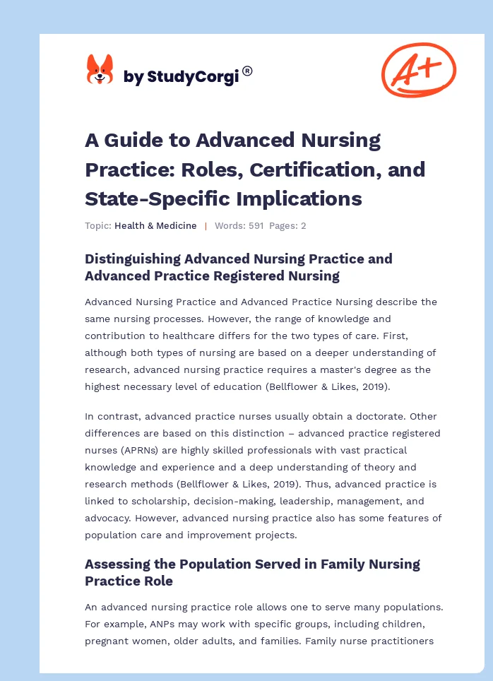 A Guide to Advanced Nursing Practice: Roles, Certification, and State-Specific Implications. Page 1