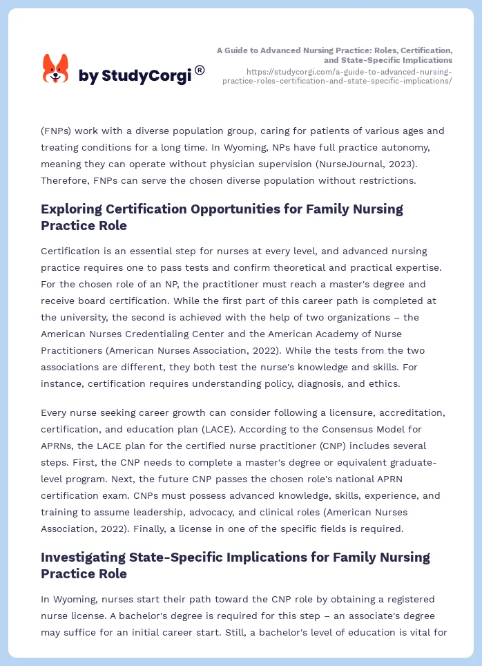 A Guide to Advanced Nursing Practice: Roles, Certification, and State-Specific Implications. Page 2