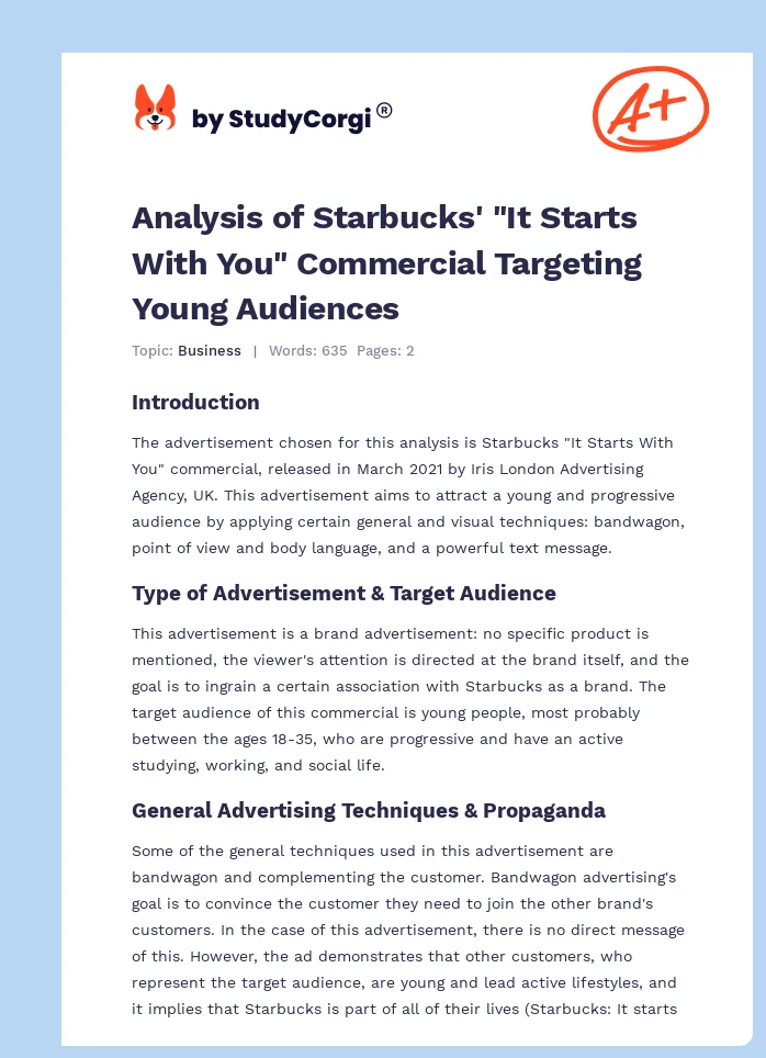 Analysis of Starbucks' "It Starts With You" Commercial Targeting Young Audiences. Page 1