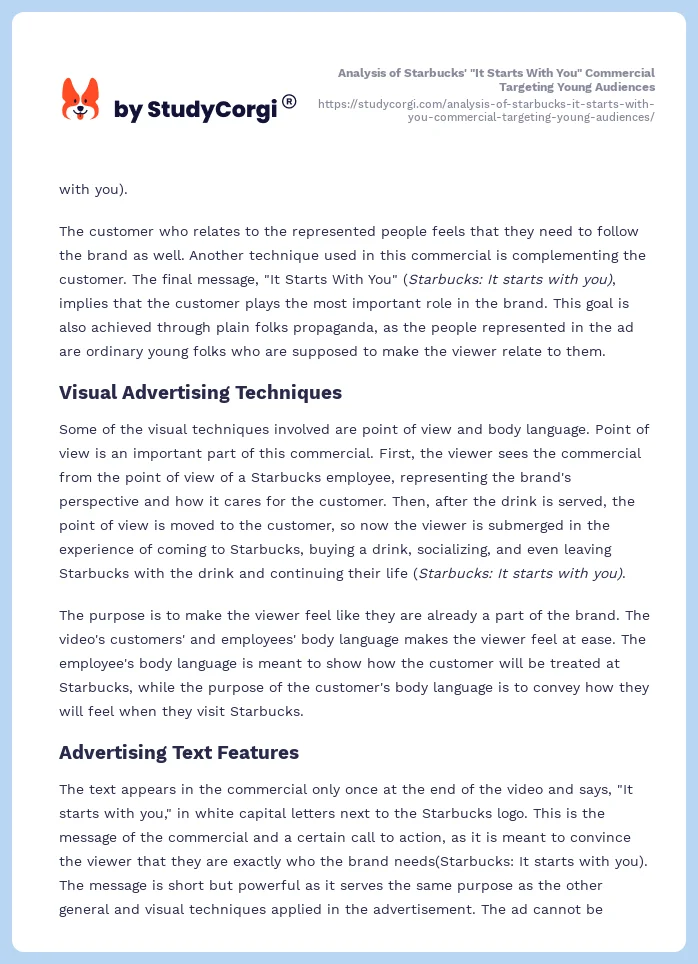 Analysis of Starbucks' "It Starts With You" Commercial Targeting Young Audiences. Page 2