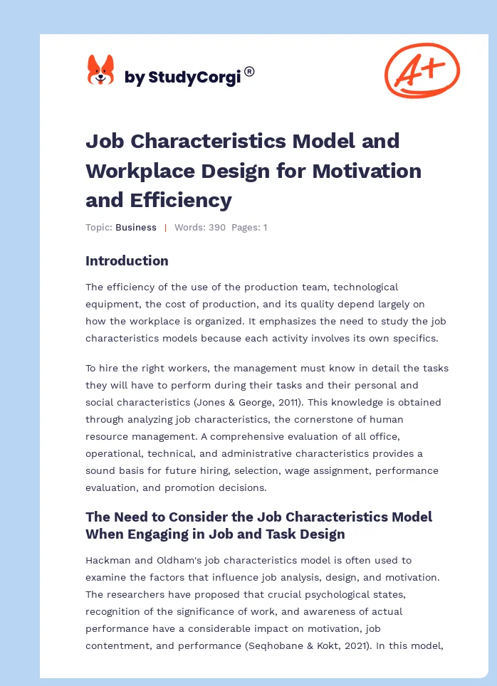 Job Characteristics Model and Workplace Design for Motivation and Efficiency. Page 1