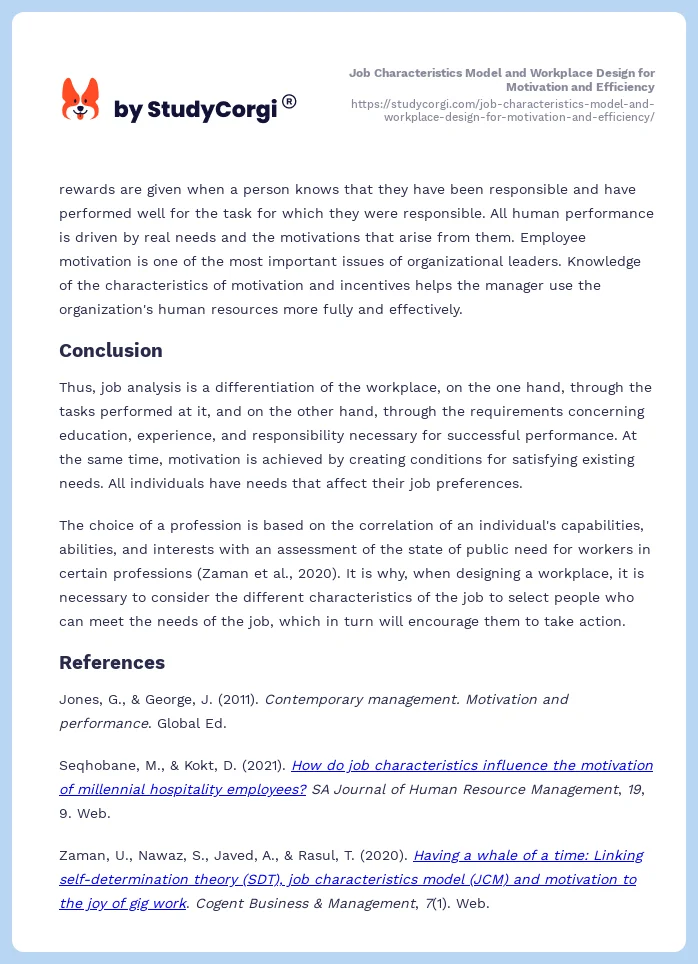 Job Characteristics Model and Workplace Design for Motivation and Efficiency. Page 2