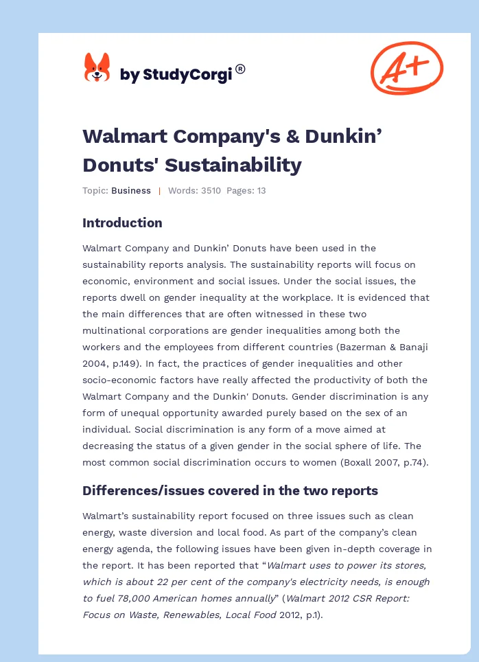 Walmart Company's & Dunkin’ Donuts' Sustainability. Page 1