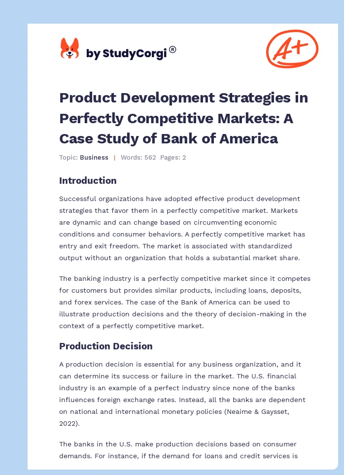 Product Development Strategies in Perfectly Competitive Markets: A Case Study of Bank of America. Page 1