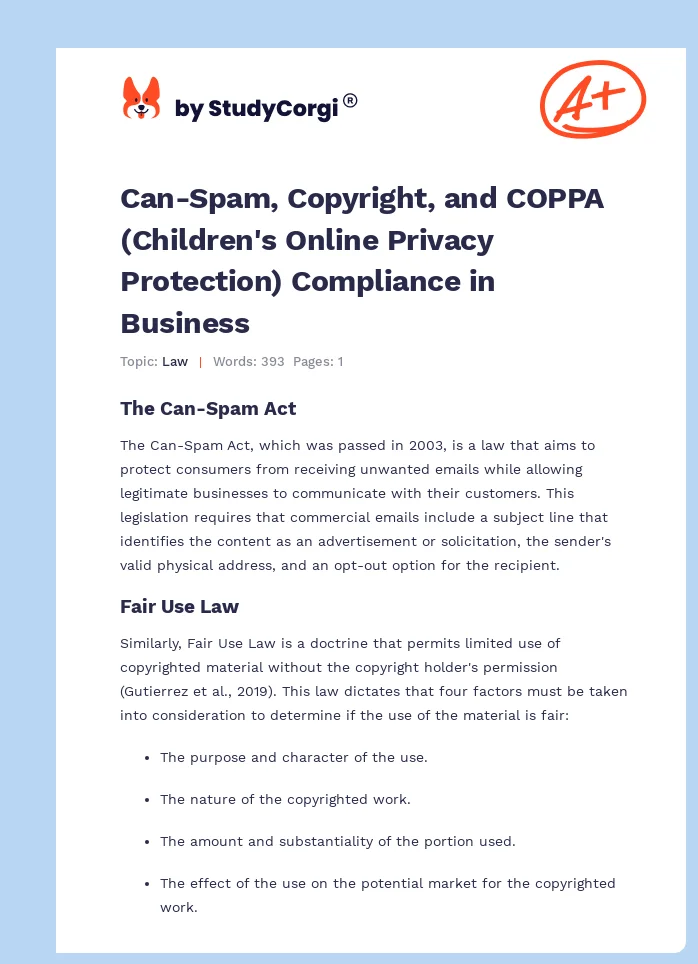 Can-Spam, Copyright, and COPPA (Children's Online Privacy Protection) Compliance in Business. Page 1