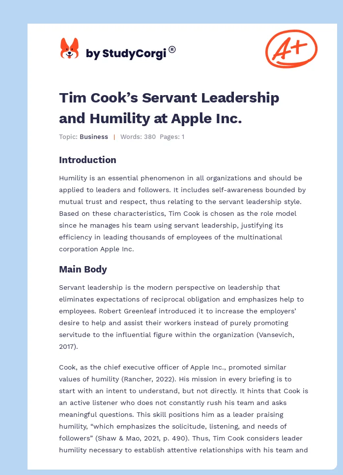 Tim Cook’s Servant Leadership and Humility at Apple Inc.. Page 1