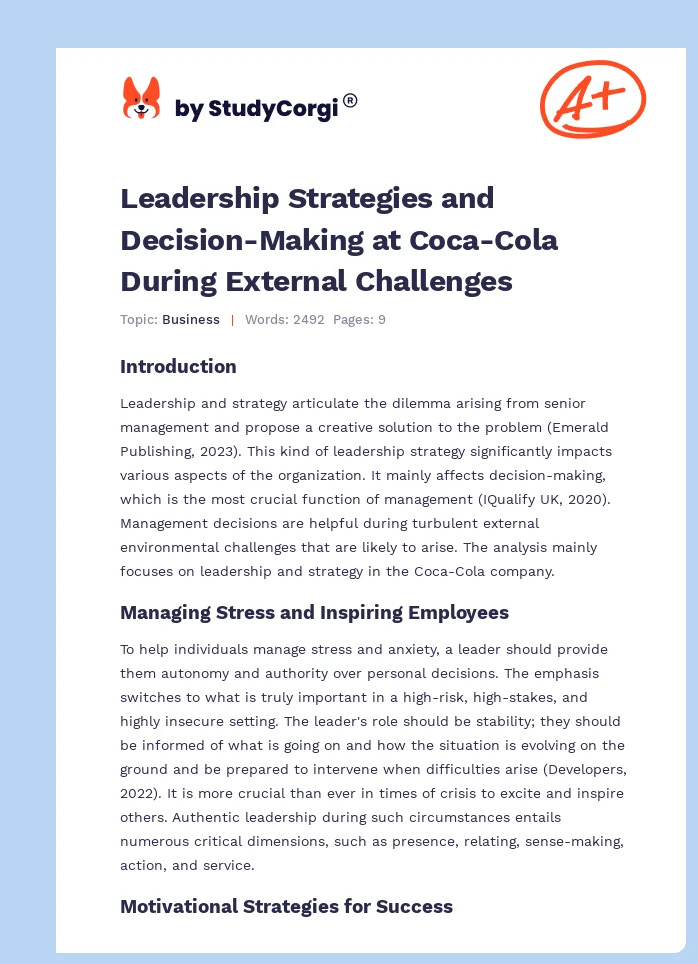 Leadership Strategies and Decision-Making at Coca-Cola During External Challenges. Page 1