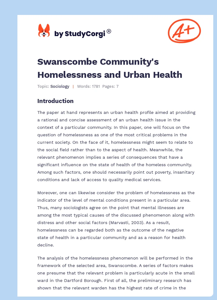 Swanscombe Community's Homelessness and Urban Health. Page 1