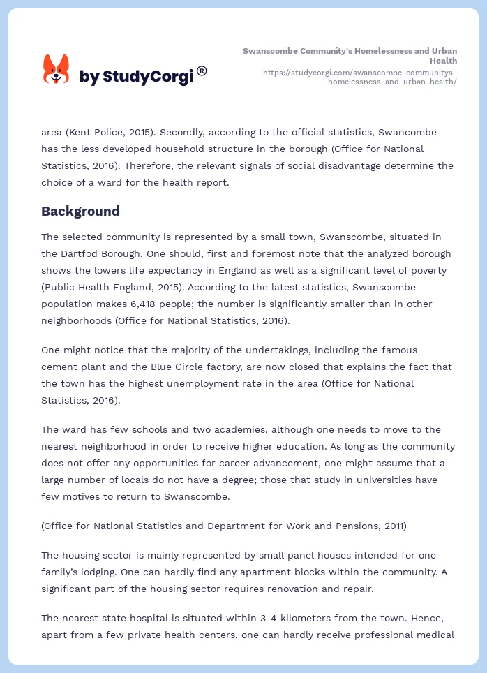 Swanscombe Community's Homelessness and Urban Health. Page 2