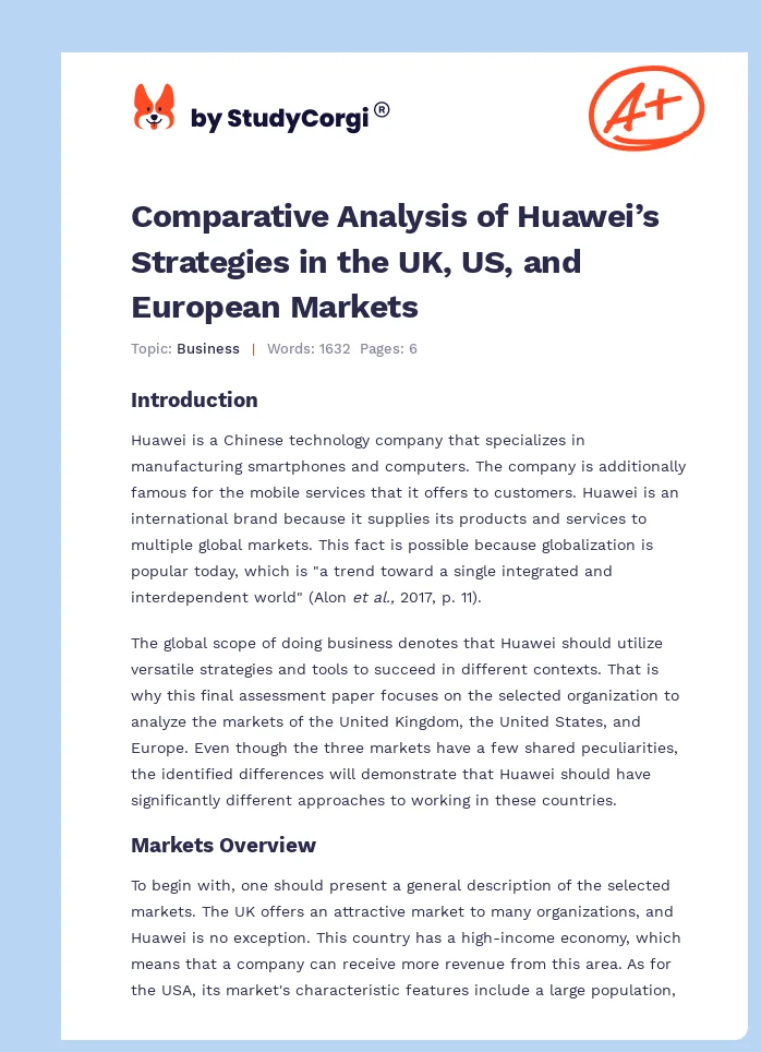 Comparative Analysis of Huawei’s Strategies in the UK, US, and European Markets. Page 1