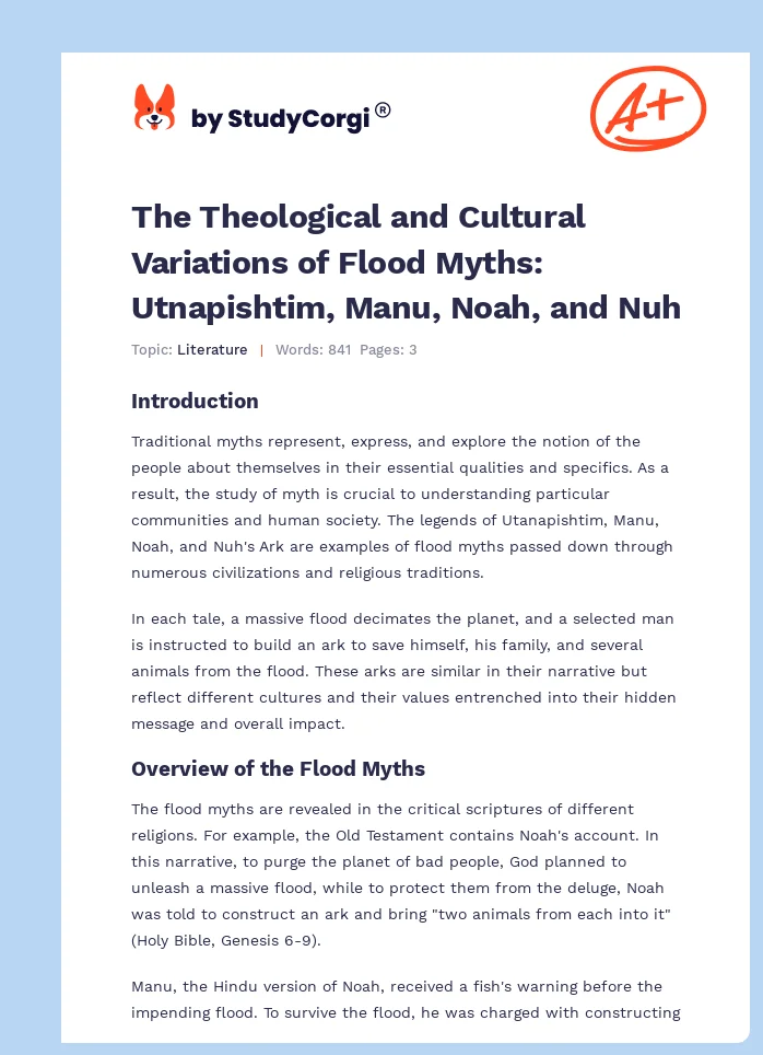 The Theological and Cultural Variations of Flood Myths: Utnapishtim, Manu, Noah, and Nuh. Page 1