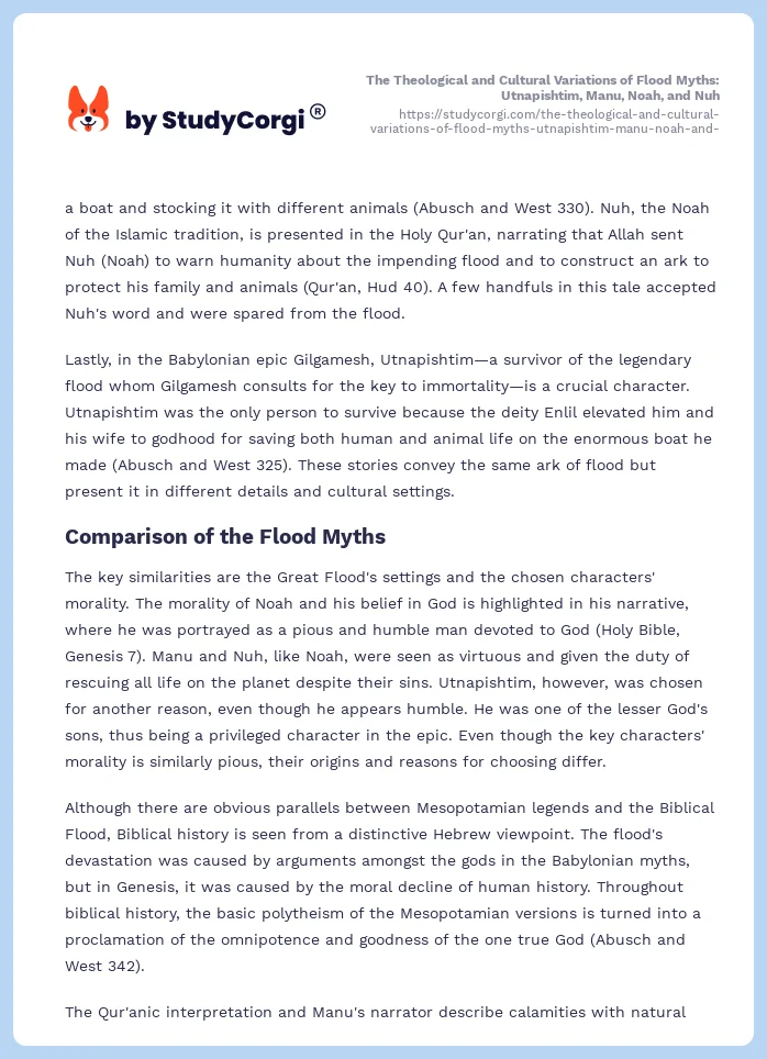 The Theological and Cultural Variations of Flood Myths: Utnapishtim, Manu, Noah, and Nuh. Page 2