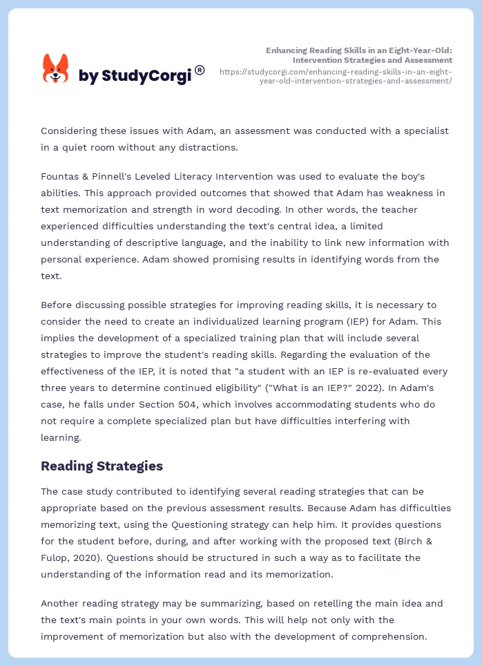 Enhancing Reading Skills in an Eight-Year-Old: Intervention Strategies and Assessment. Page 2