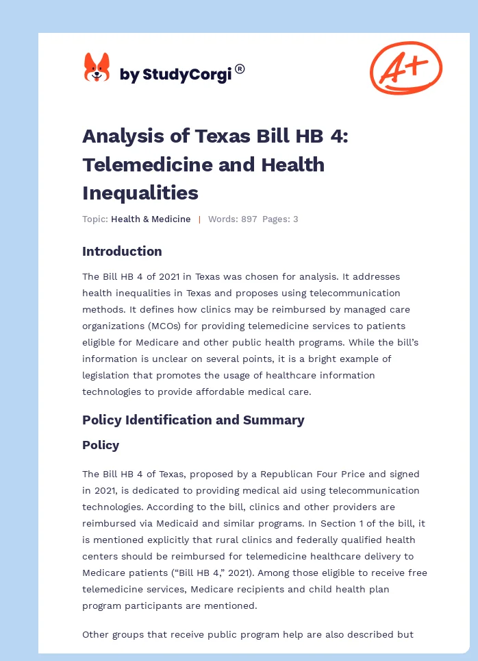 Analysis of Texas Bill HB 4: Telemedicine and Health Inequalities. Page 1