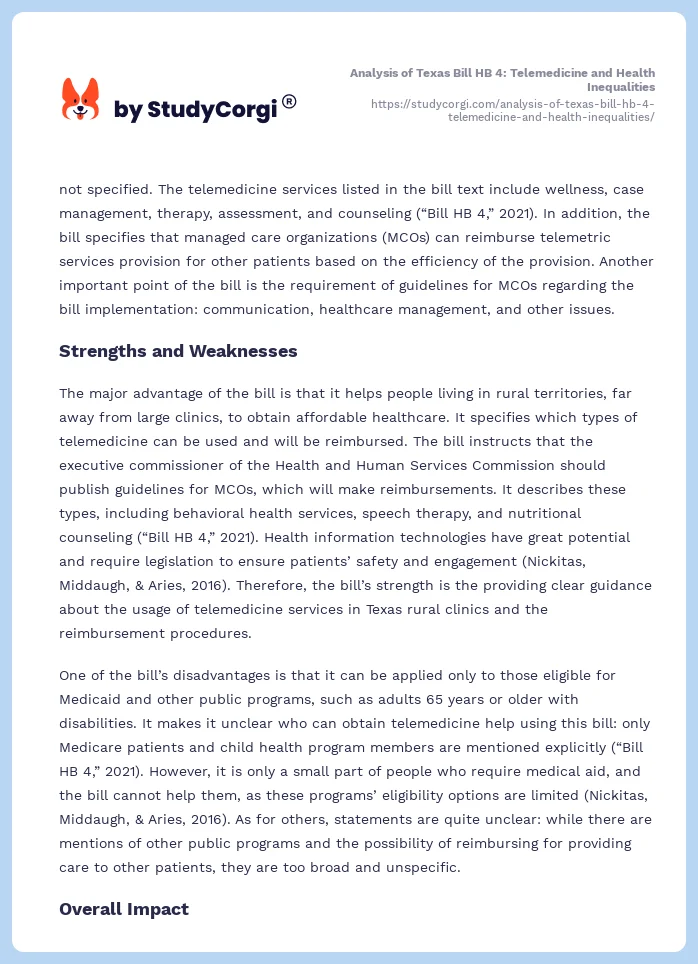 Analysis of Texas Bill HB 4: Telemedicine and Health Inequalities. Page 2