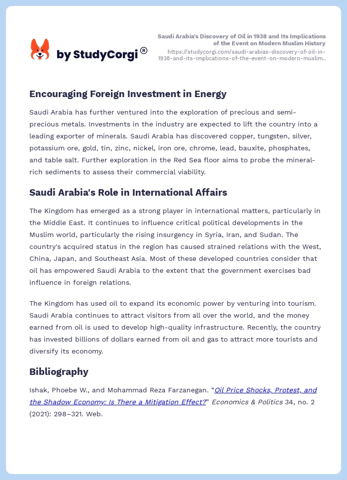 Saudi Arabia’s Discovery of Oil in 1938 and Its Implications of the Event on Modern Muslim History. Page 2