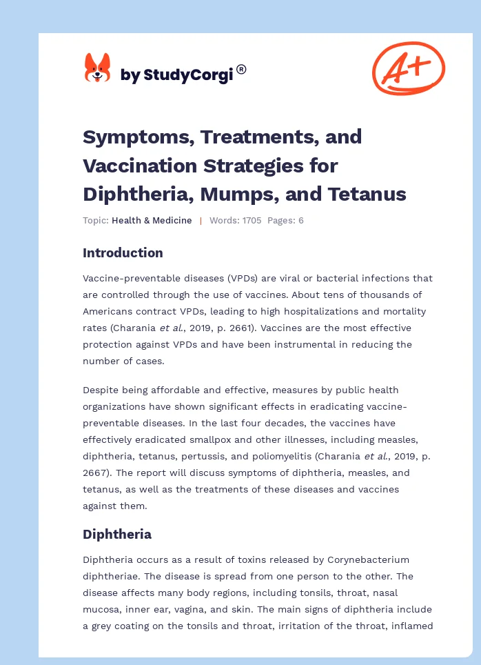 Symptoms, Treatments, and Vaccination Strategies for Diphtheria, Mumps, and Tetanus. Page 1