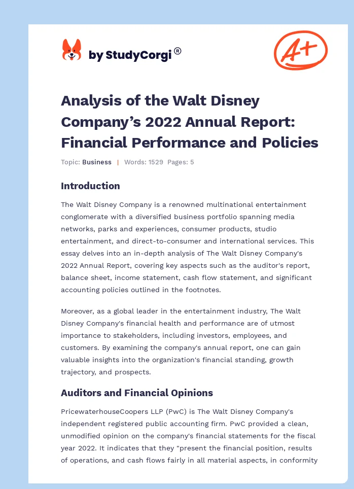 Analysis of the Walt Disney Company’s 2022 Annual Report: Financial Performance and Policies. Page 1