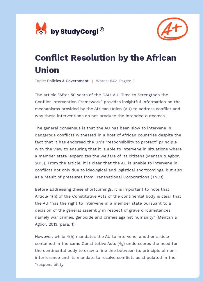 Conflict Resolution by the African Union. Page 1