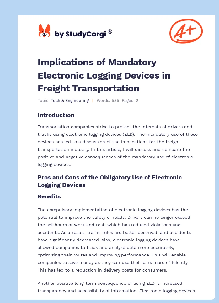 Implications of Mandatory Electronic Logging Devices in Freight Transportation. Page 1