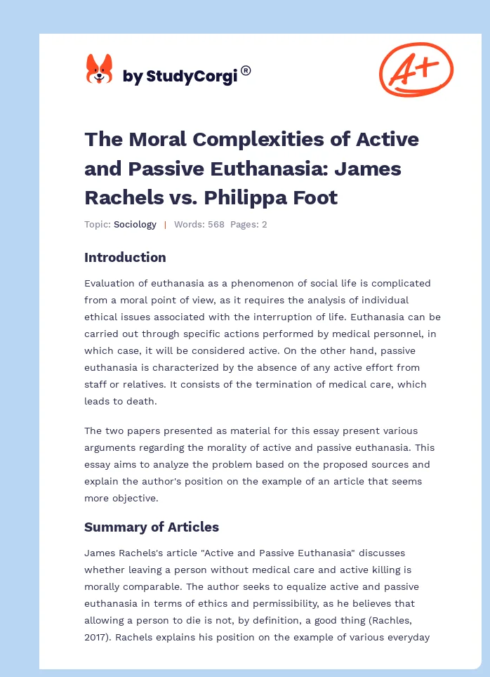 The Moral Complexities of Active and Passive Euthanasia: James Rachels vs. Philippa Foot. Page 1