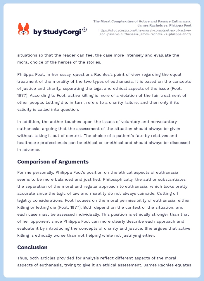 The Moral Complexities of Active and Passive Euthanasia: James Rachels vs. Philippa Foot. Page 2