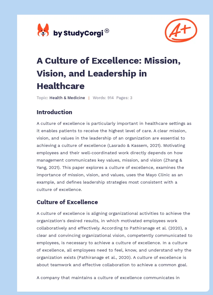 A Culture of Excellence: Mission, Vision, and Leadership in Healthcare. Page 1