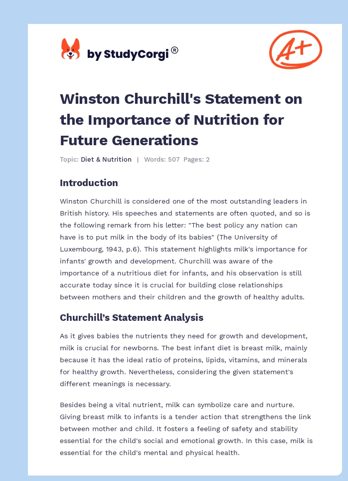 Winston Churchill's Statement on the Importance of Nutrition for Future Generations. Page 1