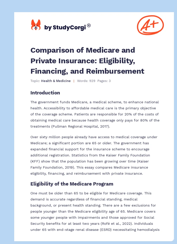 Comparison of Medicare and Private Insurance: Eligibility, Financing, and Reimbursement. Page 1