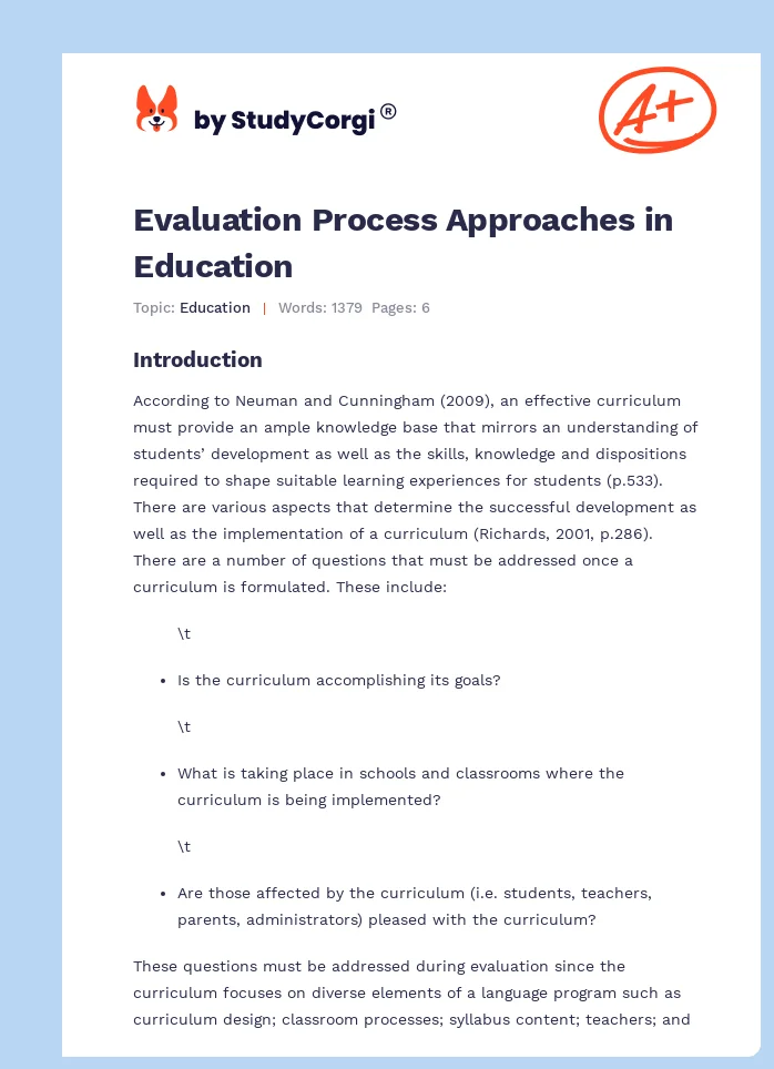 Evaluation Process Approaches in Education. Page 1