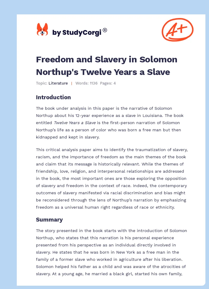 Freedom and Slavery in Solomon Northup's Twelve Years a Slave. Page 1