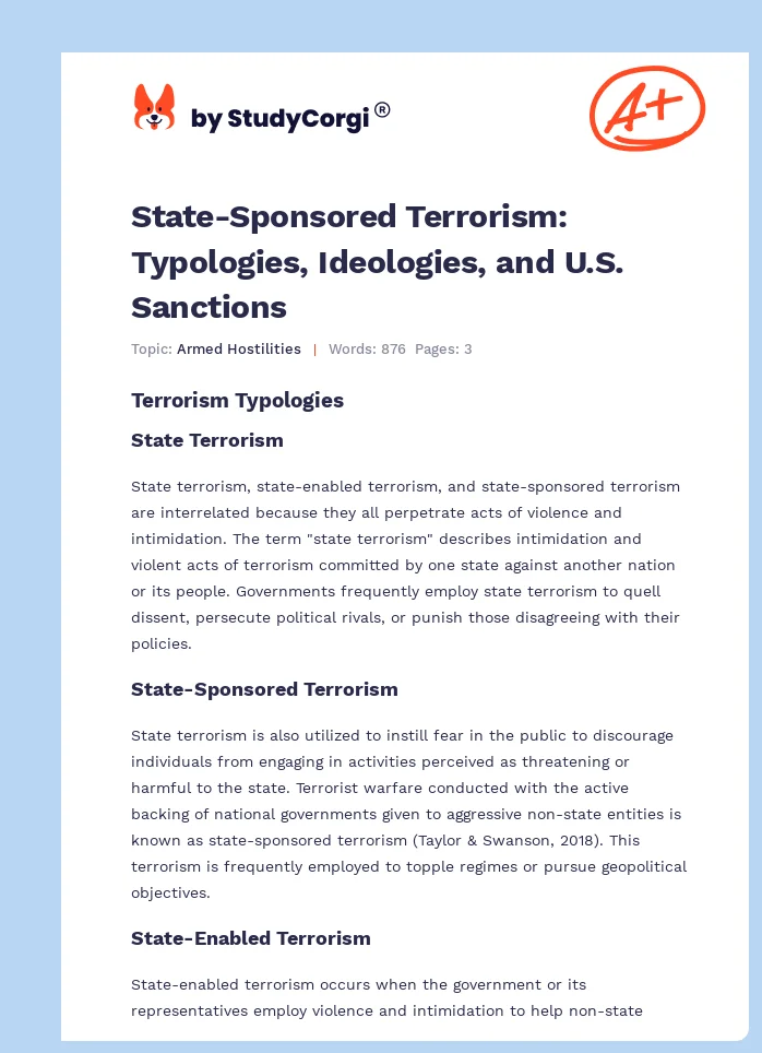 State-Sponsored Terrorism: Typologies, Ideologies, and U.S. Sanctions. Page 1