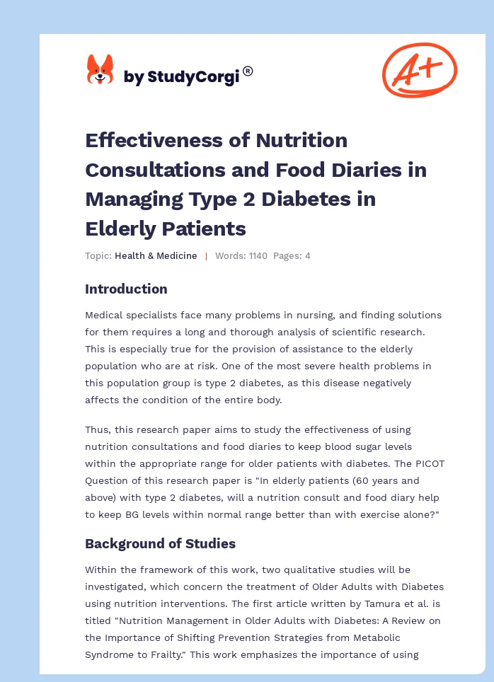 Effectiveness of Nutrition Consultations and Food Diaries in Managing Type 2 Diabetes in Elderly Patients. Page 1