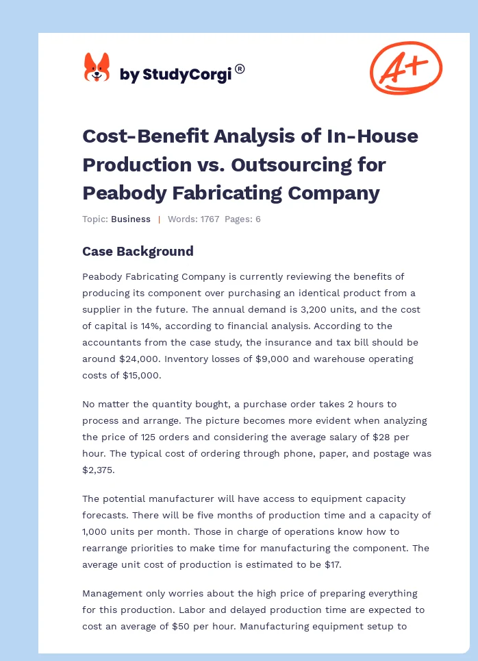 Cost-Benefit Analysis of In-House Production vs. Outsourcing for Peabody Fabricating Company. Page 1