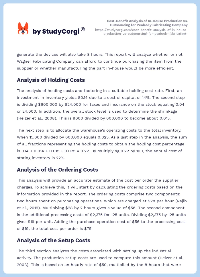 Cost-Benefit Analysis of In-House Production vs. Outsourcing for Peabody Fabricating Company. Page 2