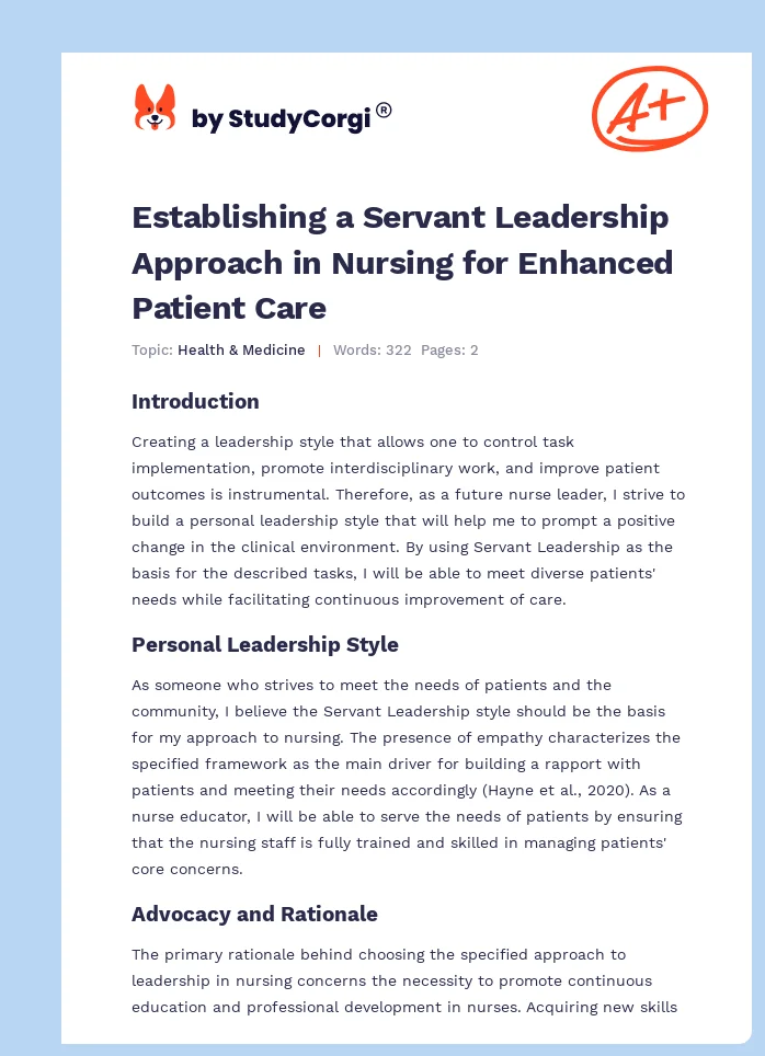 Establishing a Servant Leadership Approach in Nursing for Enhanced Patient Care. Page 1