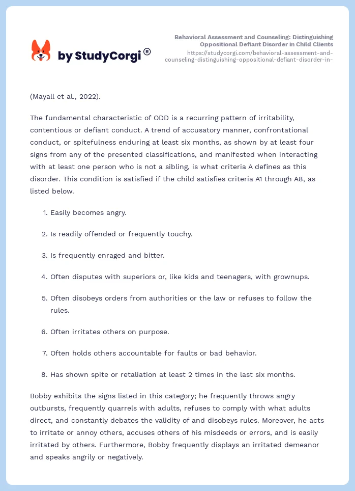 Behavioral Assessment and Counseling: Distinguishing Oppositional Defiant Disorder in Child Clients. Page 2