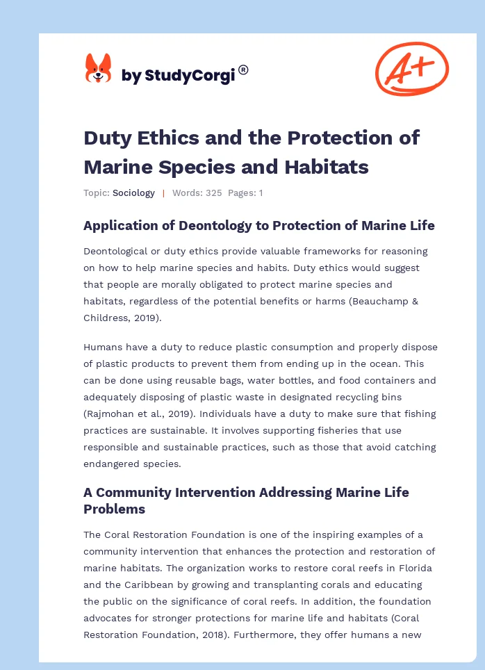 Duty Ethics and the Protection of Marine Species and Habitats. Page 1