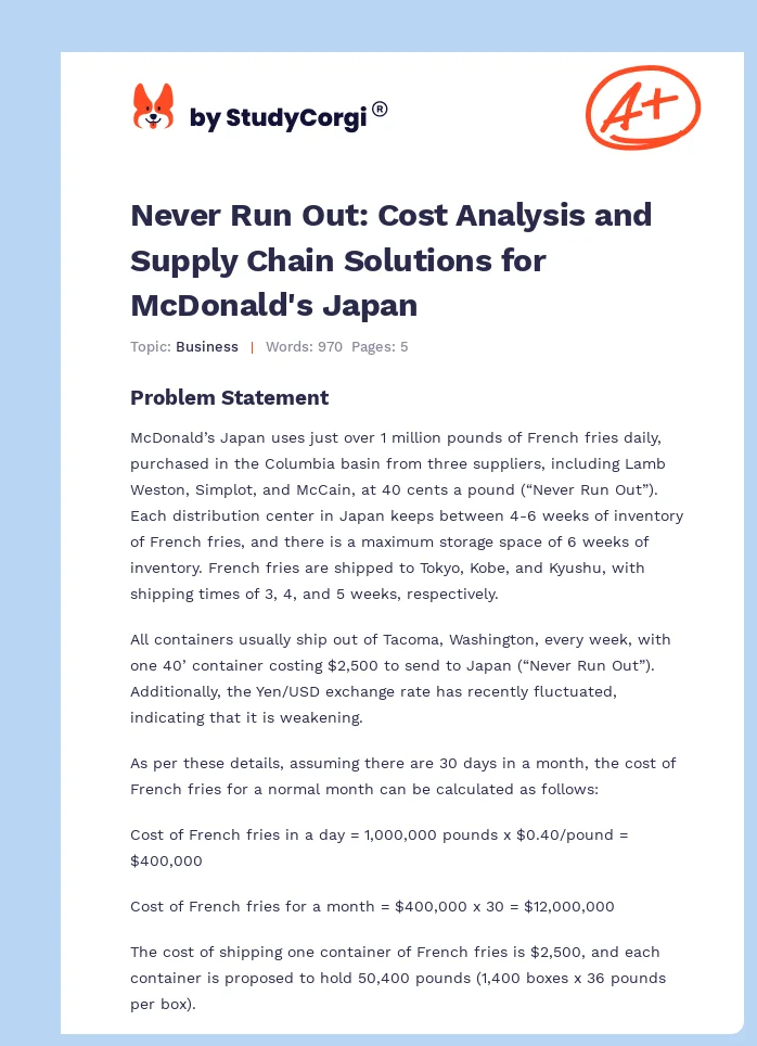 Never Run Out: Cost Analysis and Supply Chain Solutions for McDonald's Japan. Page 1