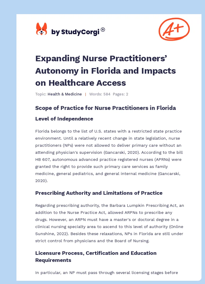 Expanding Nurse Practitioners’ Autonomy in Florida and Impacts on Healthcare Access. Page 1