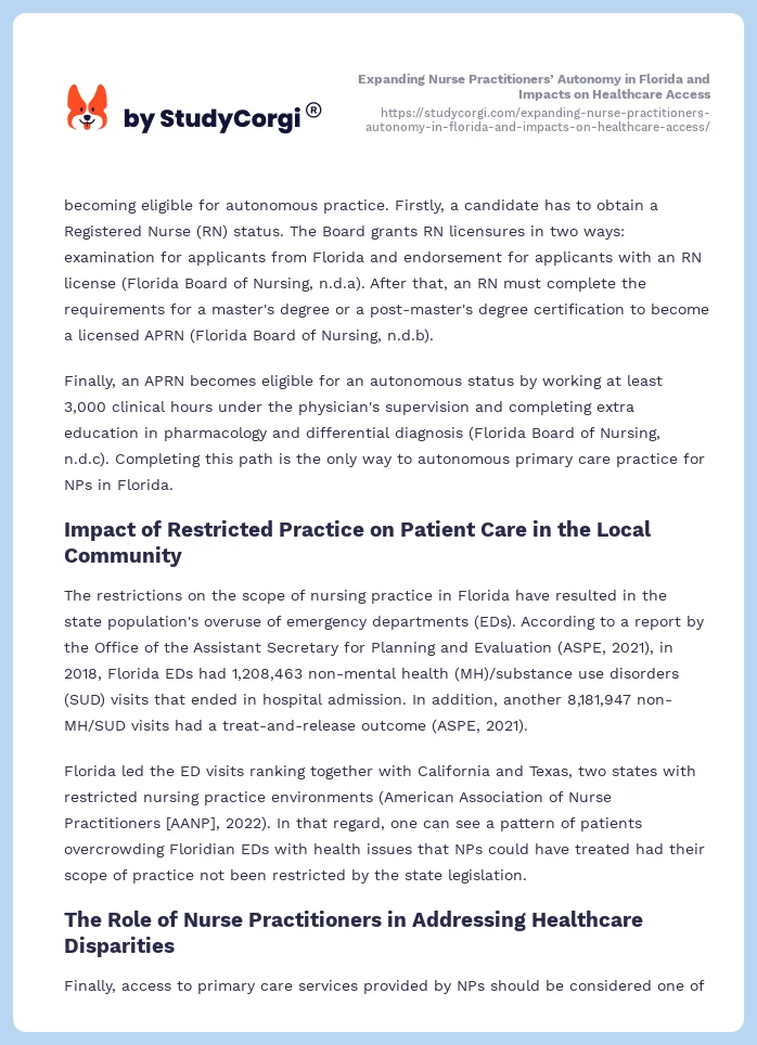 Expanding Nurse Practitioners’ Autonomy in Florida and Impacts on Healthcare Access. Page 2