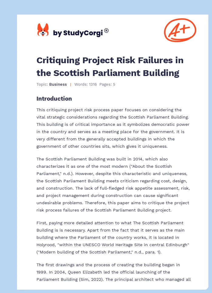 Critiquing Project Risk Failures in the Scottish Parliament Building. Page 1