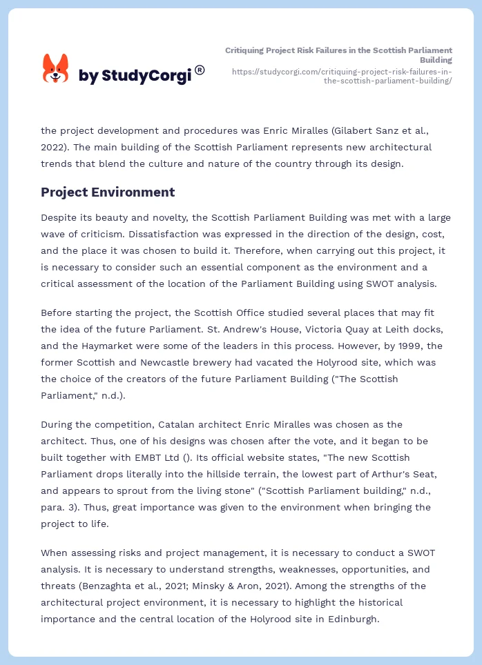 Critiquing Project Risk Failures in the Scottish Parliament Building. Page 2