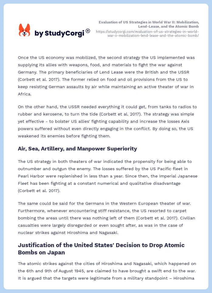 Evaluation of US Strategies in World War II: Mobilization, Lend-Lease, and the Atomic Bomb. Page 2