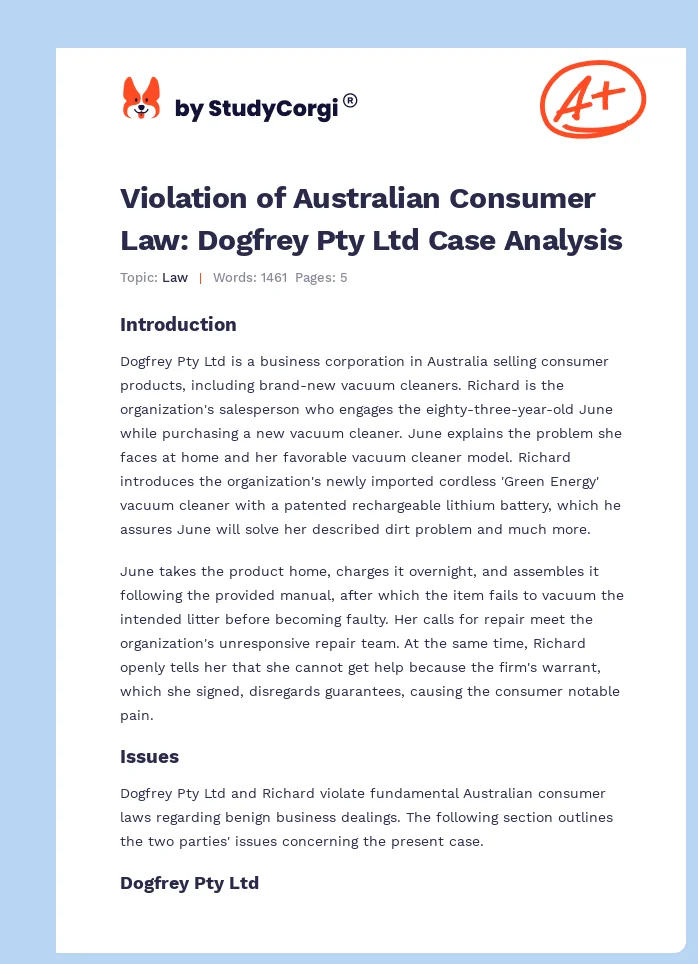 Violation of Australian Consumer Law: Dogfrey Pty Ltd Case Analysis. Page 1