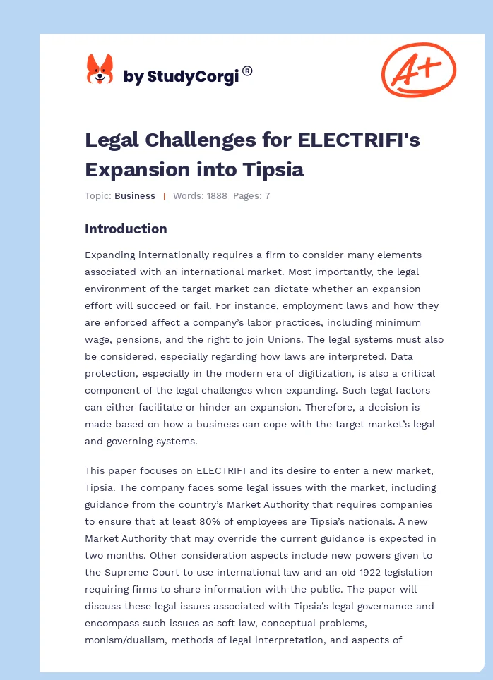 Legal Challenges for ELECTRIFI's Expansion into Tipsia. Page 1