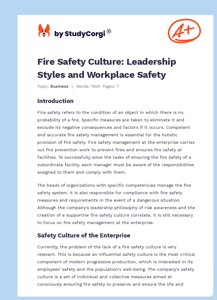 Fire Safety Culture: Leadership Styles and Workplace Safety. Page 1